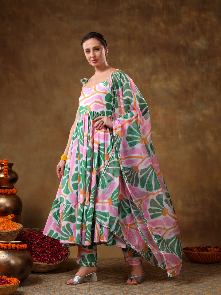 MERAKI OMERA PINK FLORAL PRINT  FRILL MUSLIN ANARKALI WITH ORGANZA DUPATTA