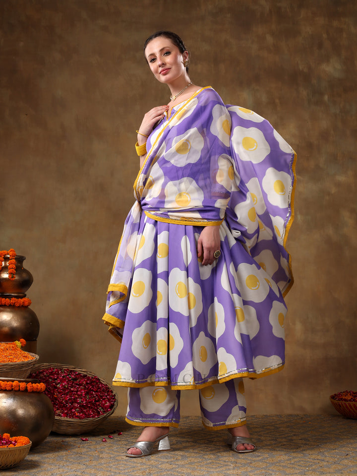 MERAKI EGG PRINTED LAVENDER MUSLIN ANARKALI SET WITH ORGANZA DUPATTA