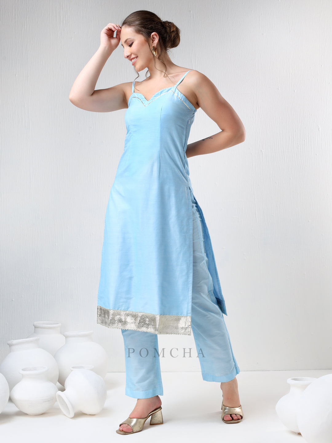 SADABHAR AQUA BLUE COTTON SILK SUIT SET