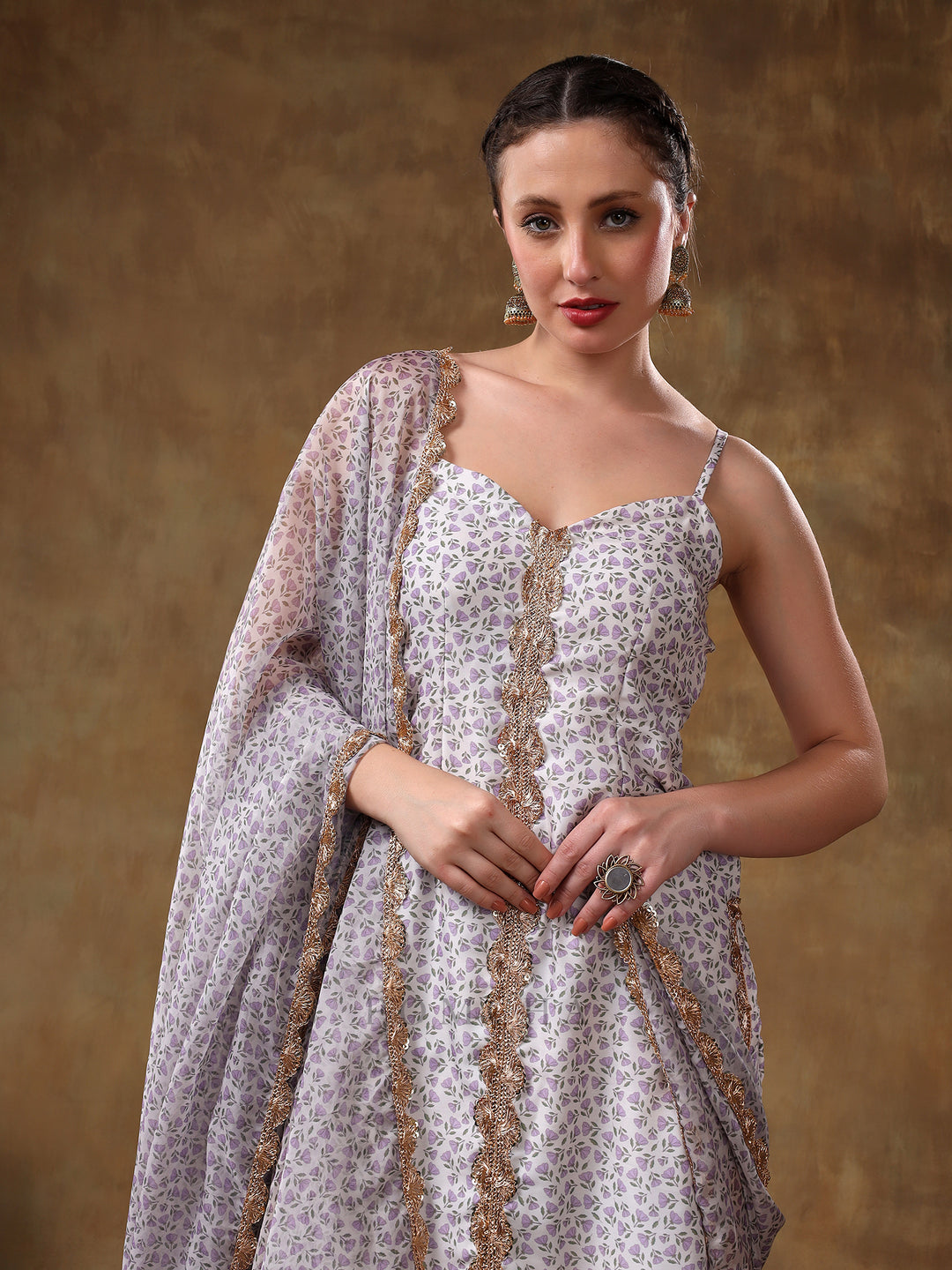 MERAKI ZEENAT GOTTA LACE WORK  LAVENDER FLORAL KURTA SET WITH ORGANZA DUPATTA