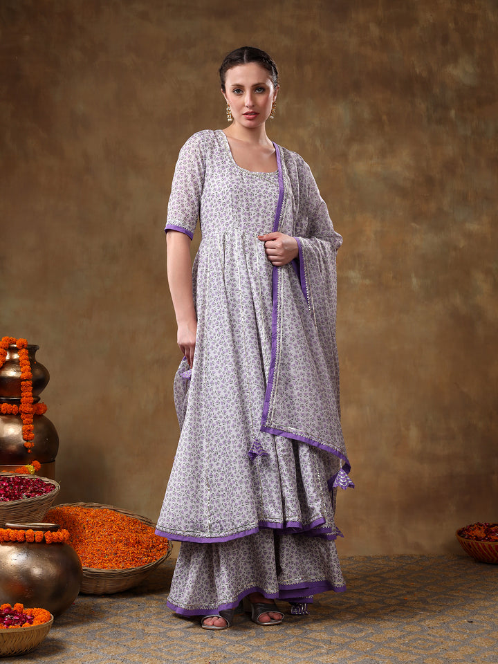 MERAKI ZEENAT LAVENDER FLORAL PRINT MUSLIN ANGRAKHA  AND PLAZO SET WITH ORGANZA DUPATTA