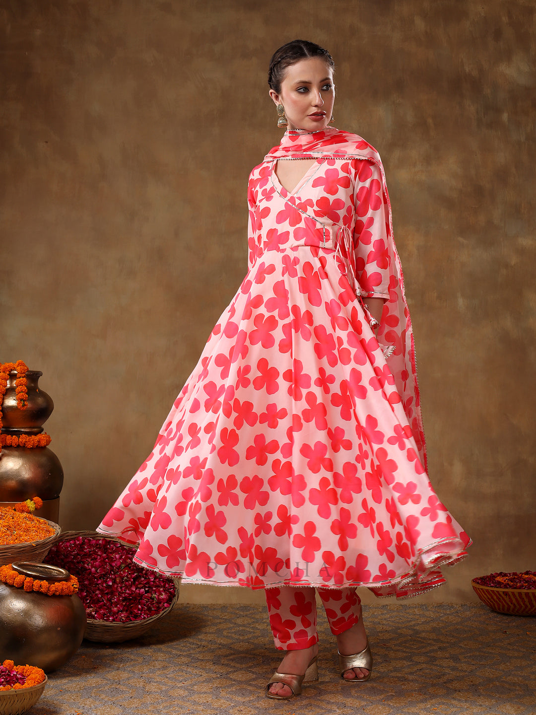 MERAKI ORANGE FLORAL MUSLIN ANARKALI SET WITH ORGANZA DUPATTA