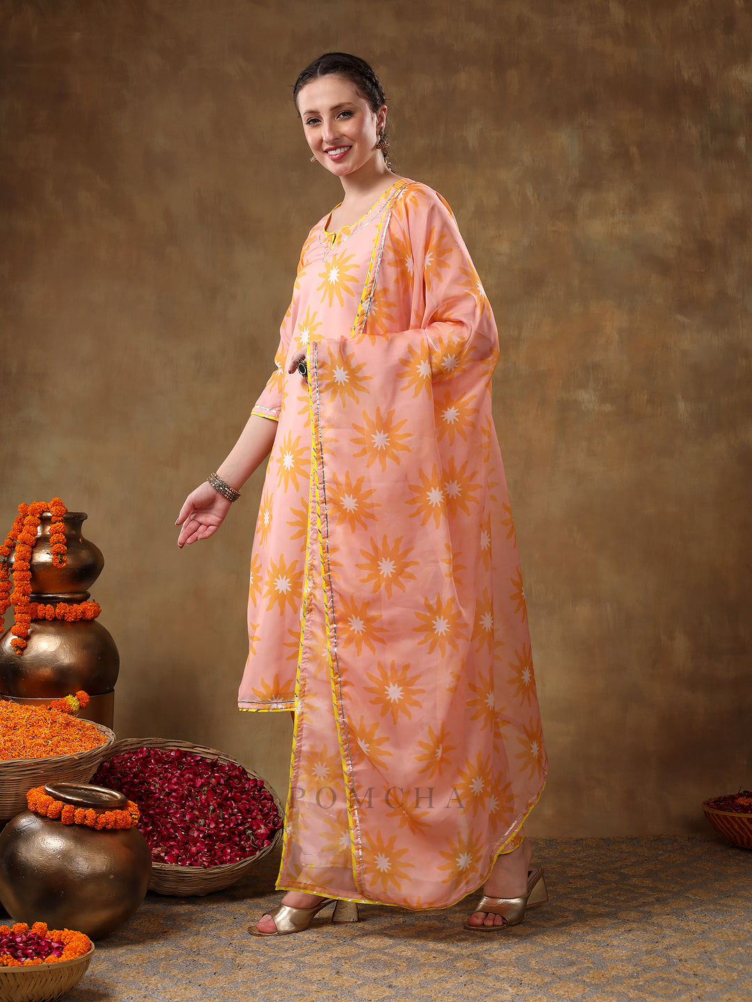 MERAKI NAILA PEACH MUSLIN  PRINTED KURTA SET WITH ORGANZA DUPATTA