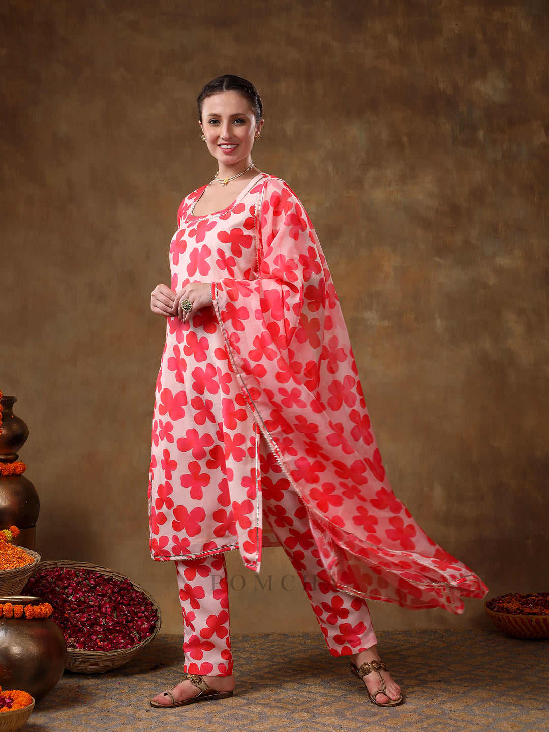 MERAKI ORANGE FLORAL PRINT MUSLIN KURTA SET WITH ORGANZA DUPATTA