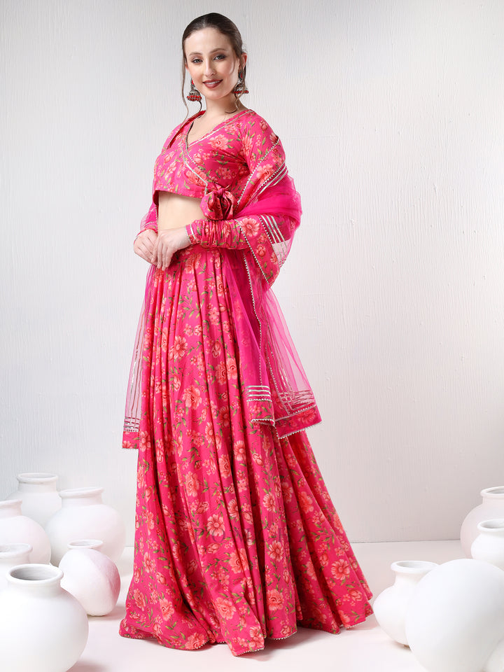 SADABHAR DARK PINK FLORAL PRINT COTTON LEHENGA SET