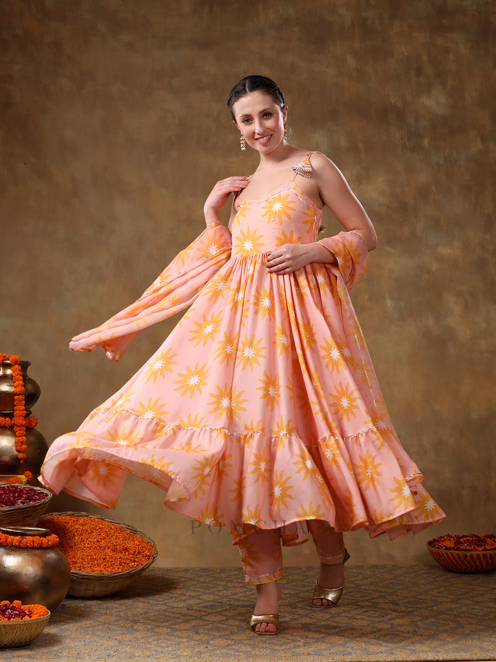 MERAKI JANNAT PEACH FRILL MUSLIN ANARKALI WITH ORGANZA DUPATTA