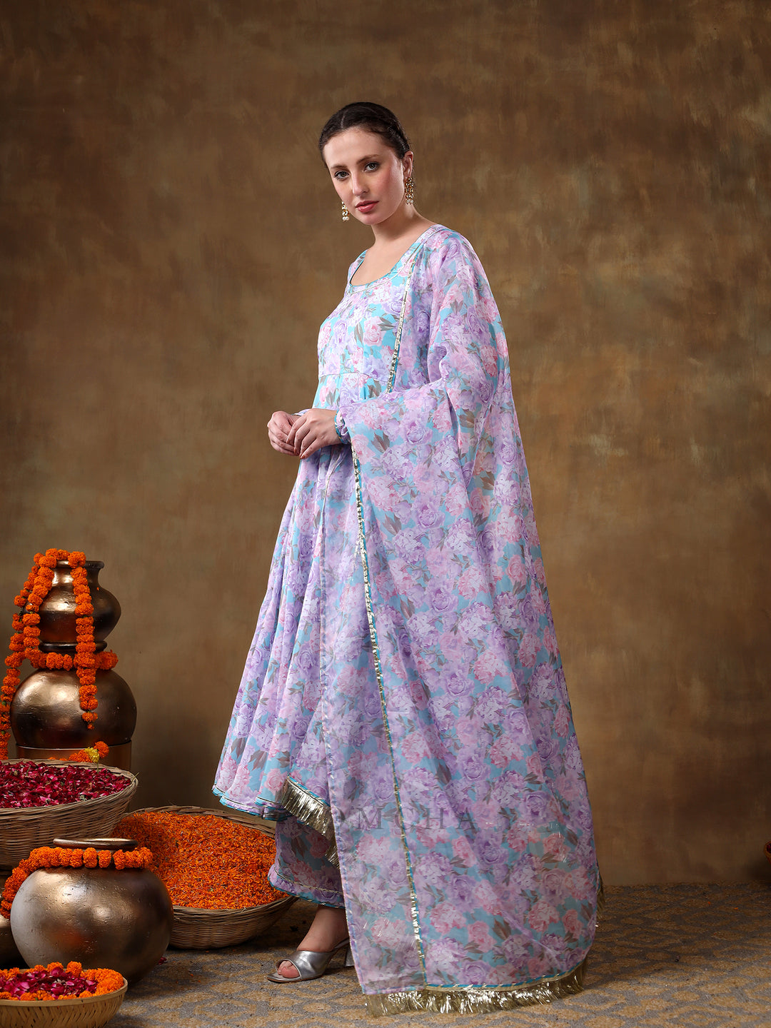 MERAKI JIYA LAVENDER MUSLIN FLORAL PRINT ANARKALI SET WITH ORGANZA DUPATTA