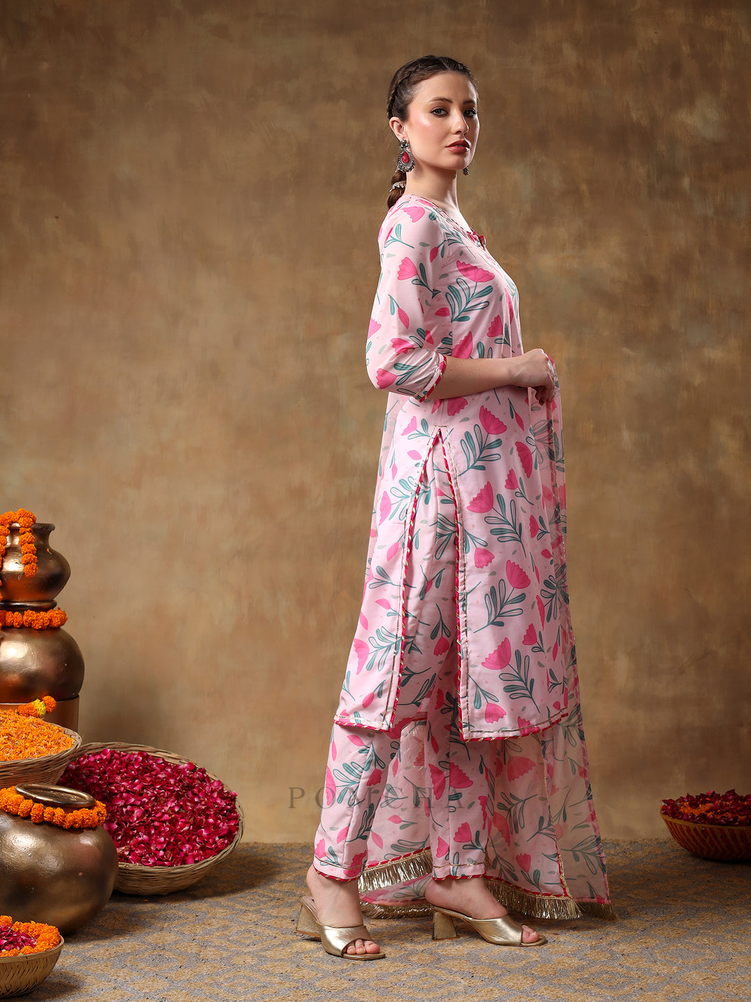 MERAKI AAMIRA PINK FLORAL MUSLIN KURTA SET WITH ORGANZA DUPATTA