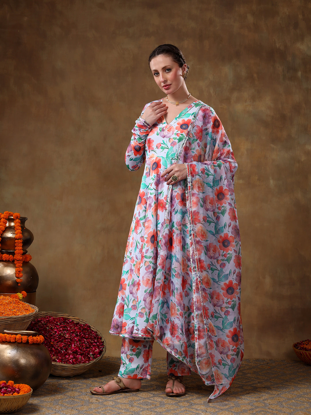 MERAKI ANAM FLORAL PRINT MUSLIN ANARKALI WITH ORGANZA DUPATTA