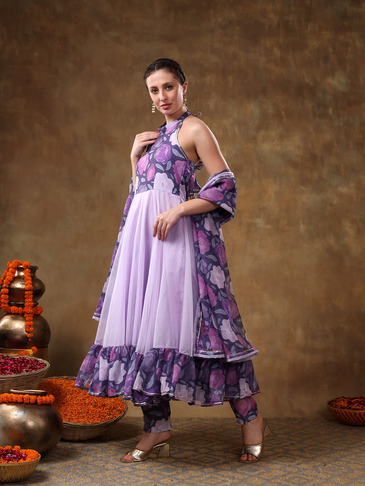 MERAKI VEENA LAVENDER MUSLIN ANARKALI WITH ORGANZA DUPATTA