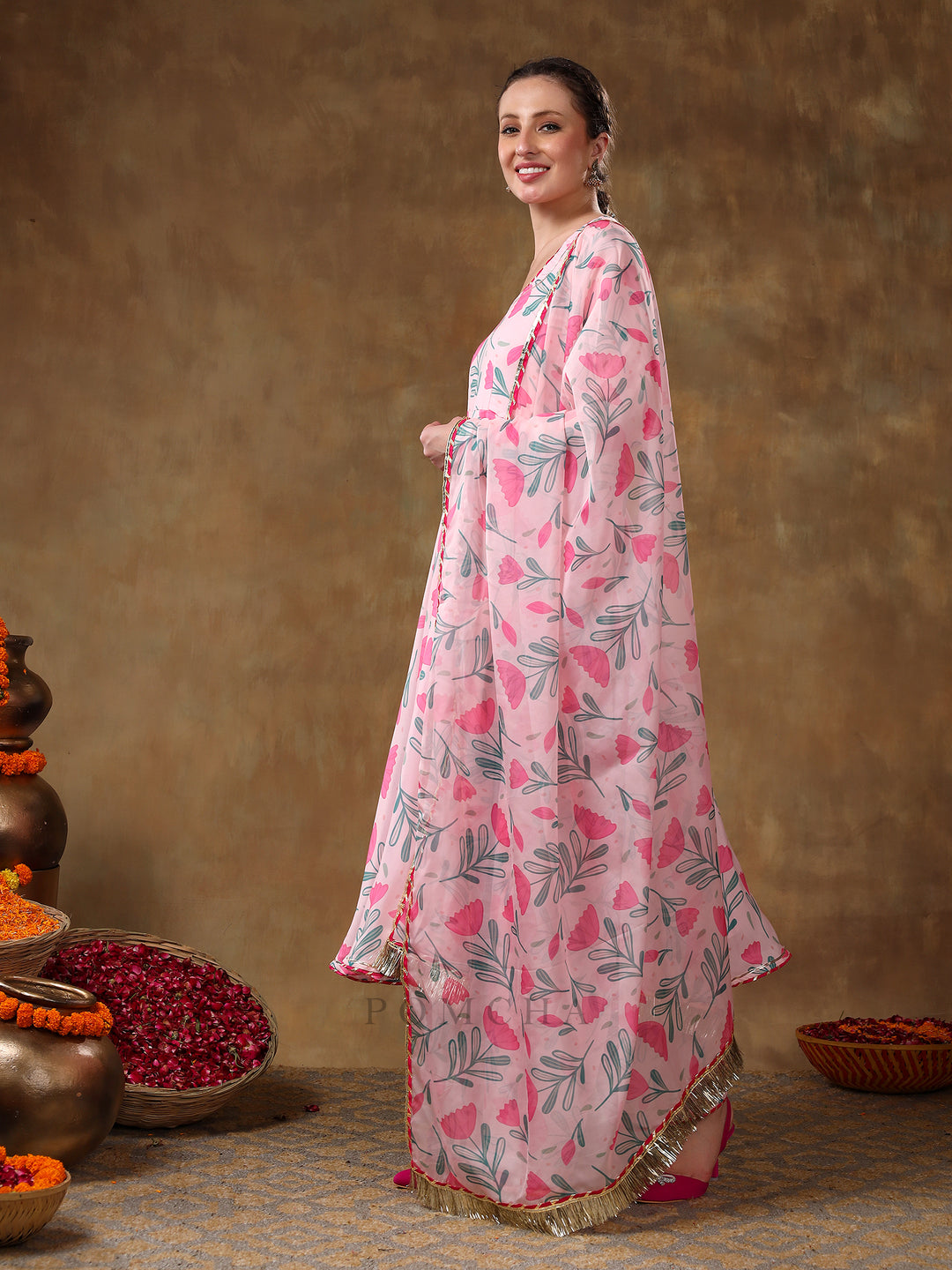 MERAKI AAMIRA PINK FLORAL MUSLIN PRINTED ANARKALI  SET WITH ORGANZA DUPATTA