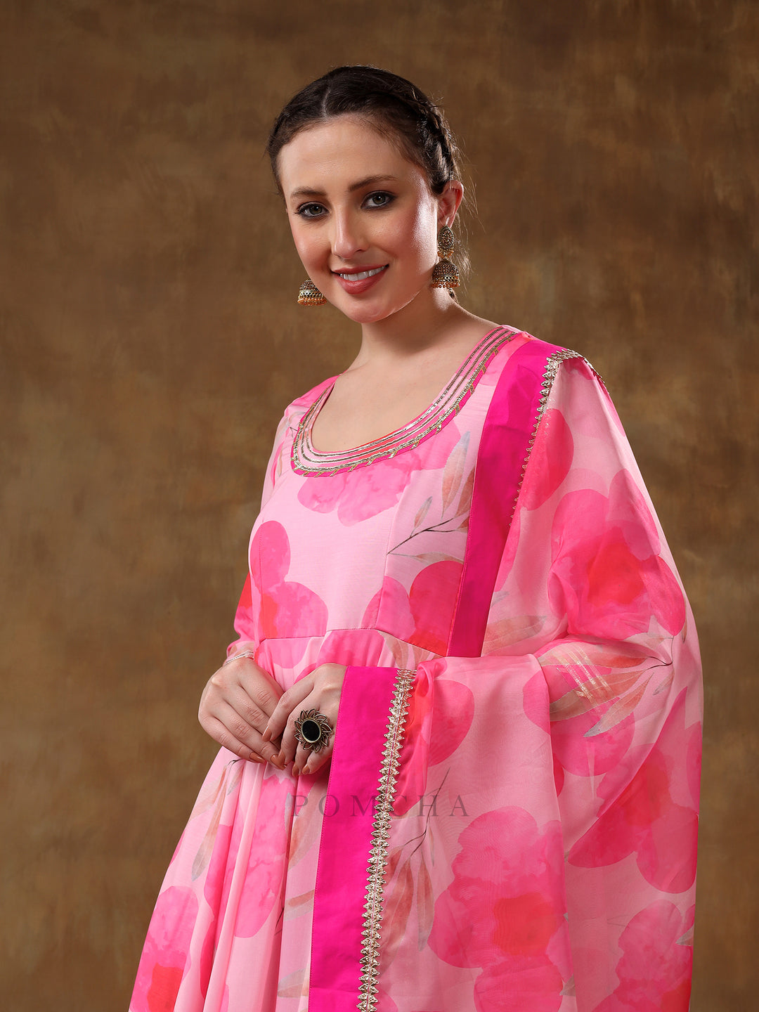 MERAKI FALAK PINK FLORAL GOTTA LACE WORK MUSLIN ANARKALI WITH ORGANZA DUPATTA