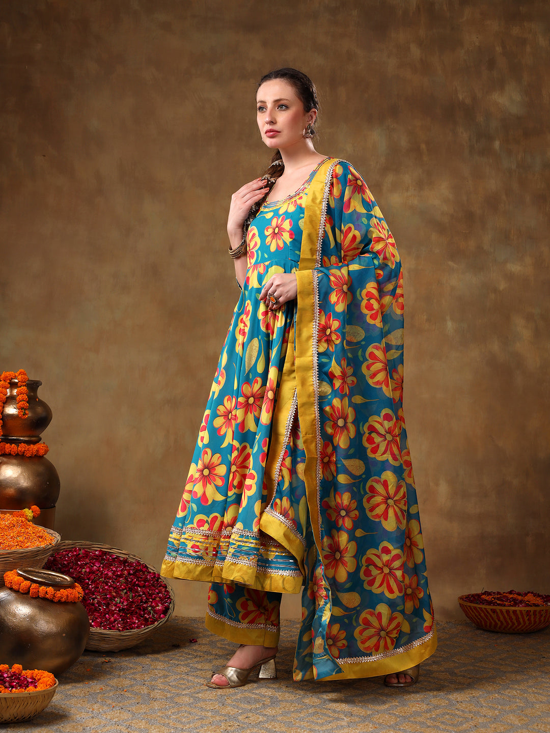 MERAKI YELLOW FLOWER BLUE MUSLIN ANARKALI SET WITH ORGANZA DUPATTA