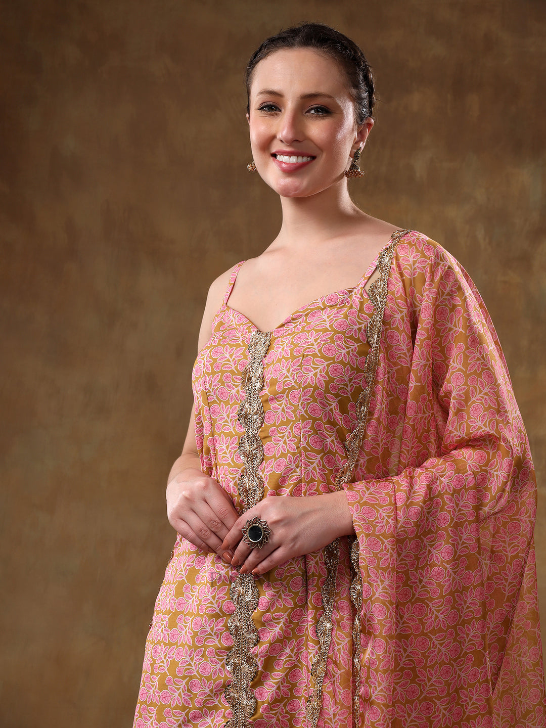 MERAKI NAILA GOTTA LACE WORK LIGHT BROWN KURTA SET WITH ORGANZA DUPATTA