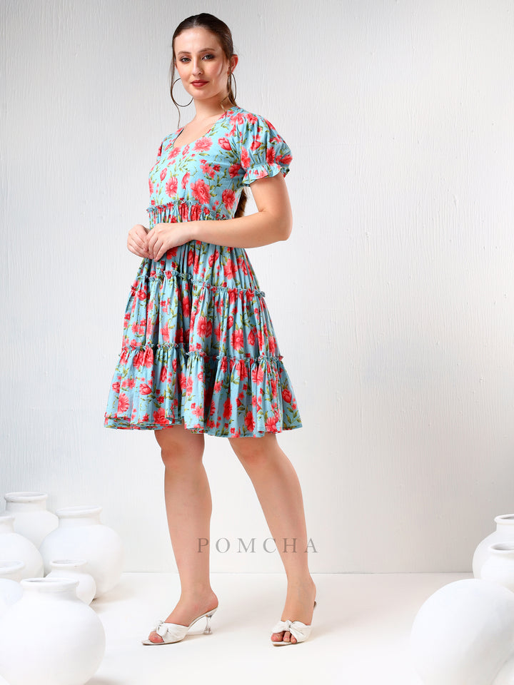 SADABHAR BLUE FLORAL PRINT COTTON TIERED DRESS