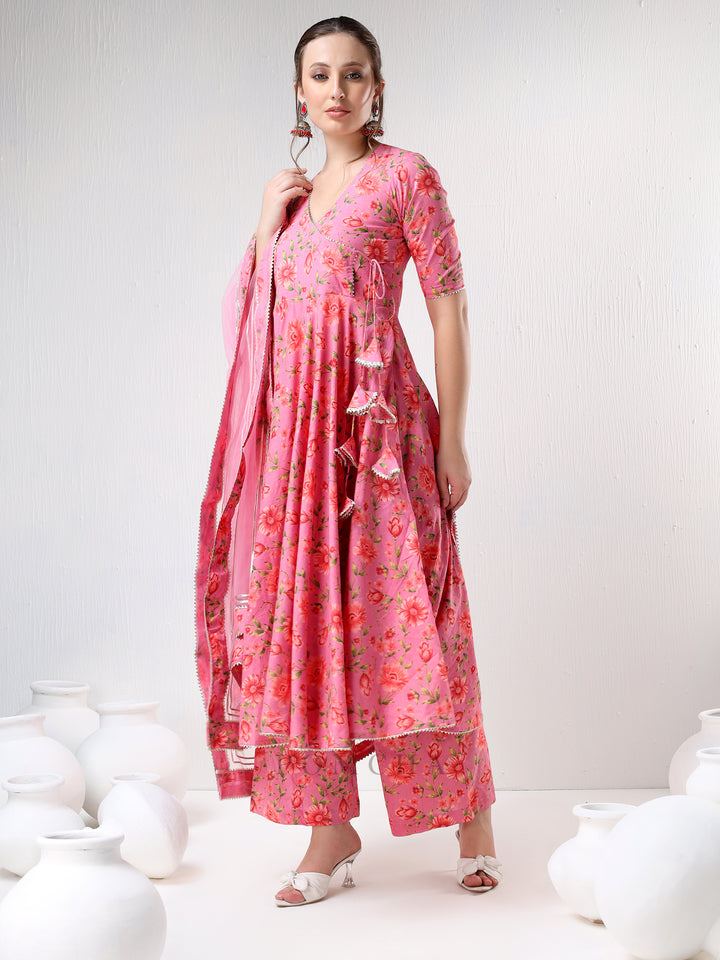 SADABHAR PINK FLORAL PRINT COTTON ANGRAKHA SET