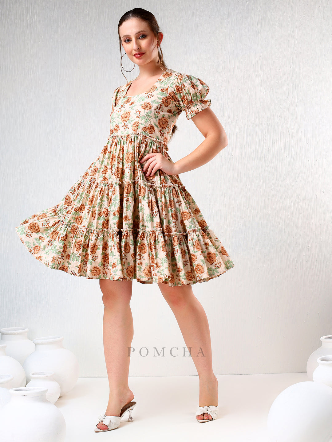 SADABHAR LIGHT BROWN FLORAL PRINT COTTON TIERED DRESS