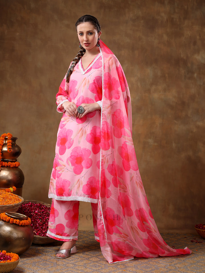 MERAKI MAYA FLORAL PINK MUSLIN KURTA SET WITH ORGANZA DUPATTA