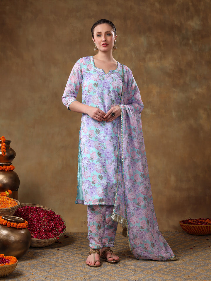 MERAKI JIYA LAVENDER FLORAL KURTA SET WITH ORGANZA DUPATTA