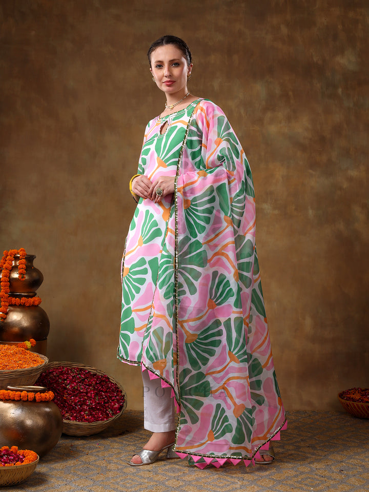 MERAKI OMERA PINK FLORAL PRINT MUSLIN KURTA SET WITH ORGANZA DUPATTA