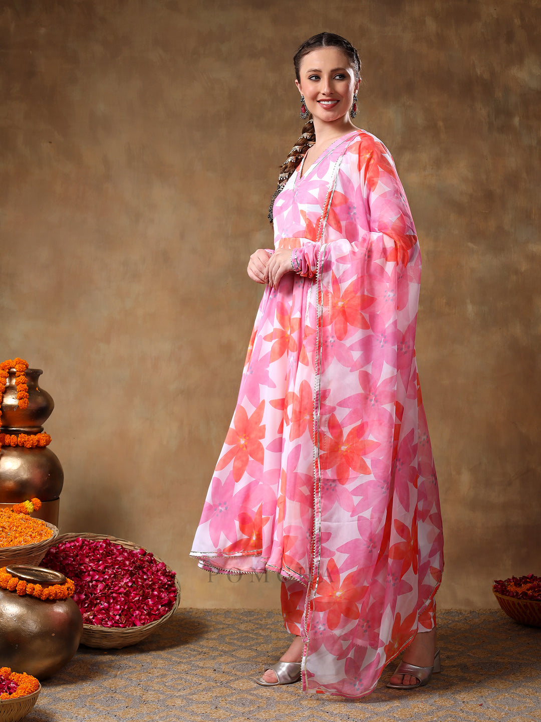 MERAKI PINK FLORAL MUSLIN ANARKALI SET  WITH ORGANZA DUPATTA