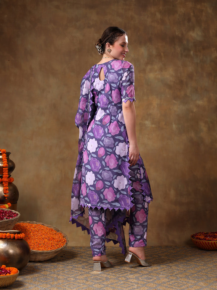 MERAKI GULBANO PURPLE FLORAL PRINT MUSLIN KURTA SET WITH ORGANZA DUPATTA