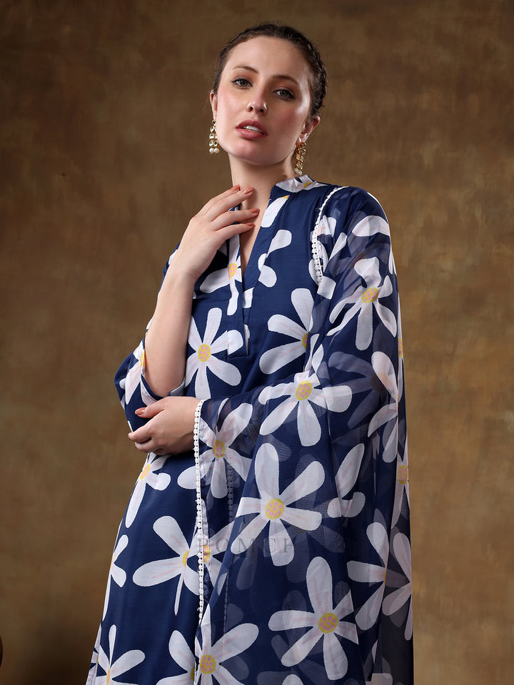 MERAKI  WHITE FLOWER BLUE MUSLIN KURTA SET WITH ORGANZA DUPATTA