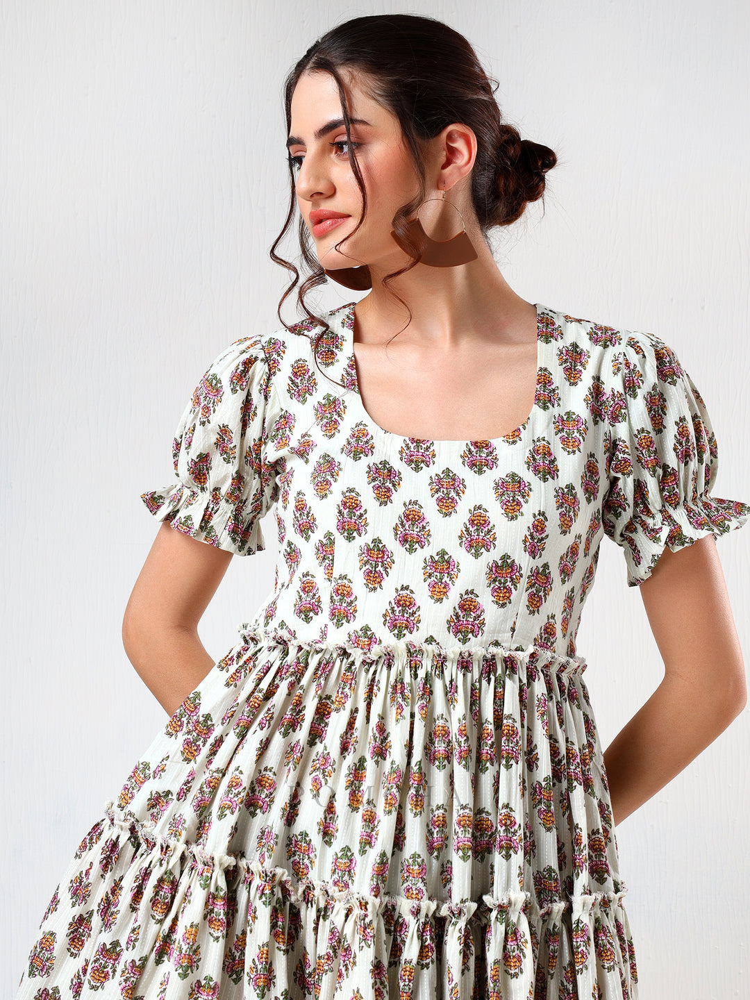 SADABHAR WHITE FLORAL PRINT COTTON TIERED DRESS