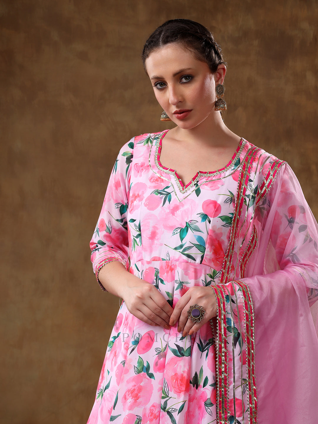 MERAKI NOOR PINK FLORAL MUSLIN GOTTA WORK ANARKALI SET WITH ORGANZA DUPATTA