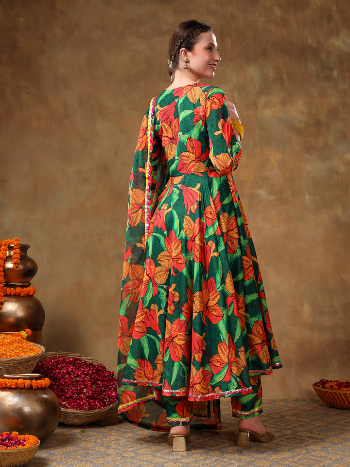 MERAKI TOOBA GREEN FLORAL PRINT MUSLIN ANARKALI WITH ORGANZA DUPATTA