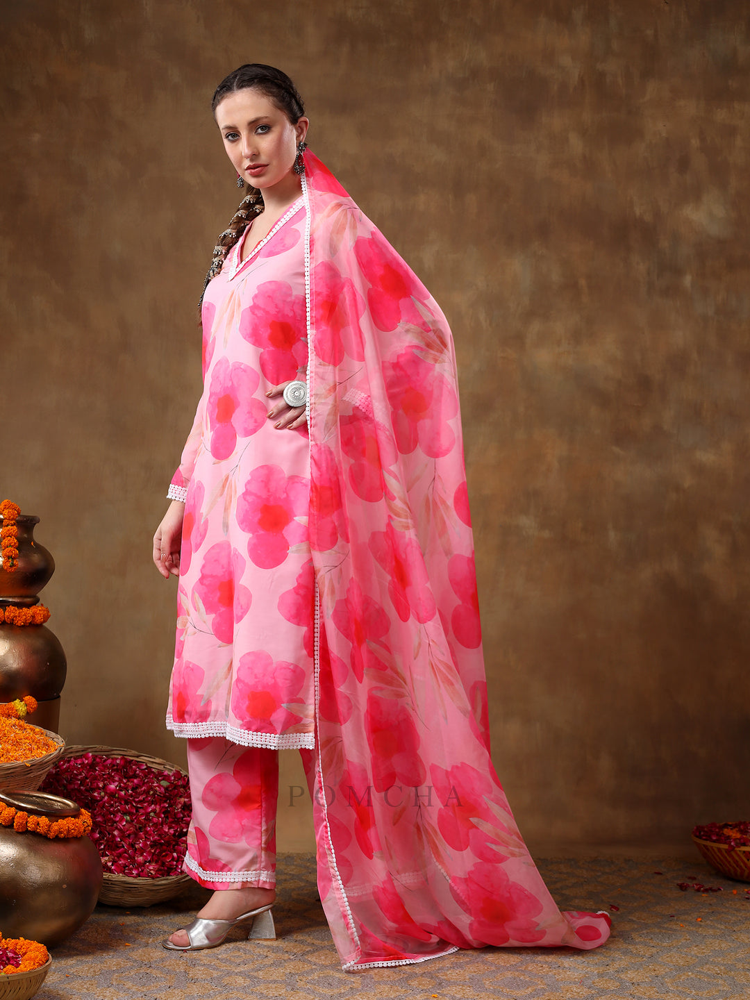 MERAKI MAYA FLORAL PINK MUSLIN KURTA SET WITH ORGANZA DUPATTA