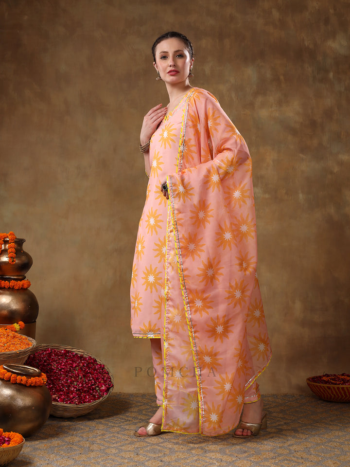 MERAKI NAILA PEACH MUSLIN  PRINTED KURTA SET WITH ORGANZA DUPATTA