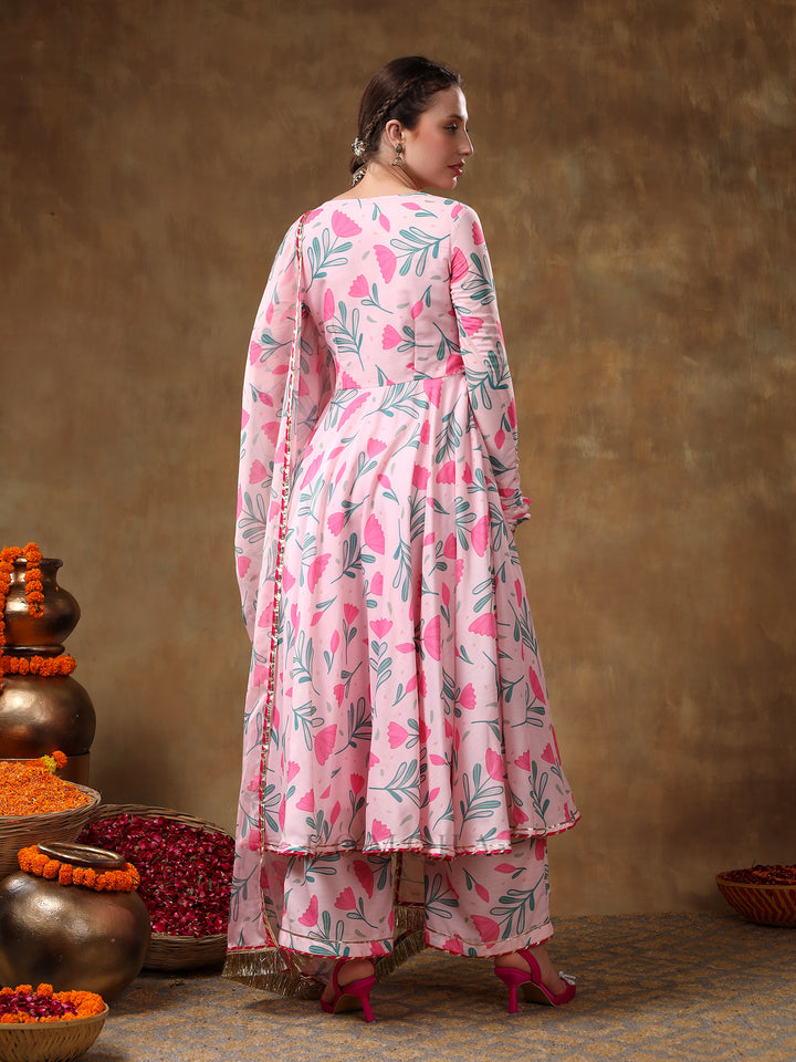 MERAKI AAMIRA PINK FLORAL MUSLIN PRINTED ANARKALI  SET WITH ORGANZA DUPATTA