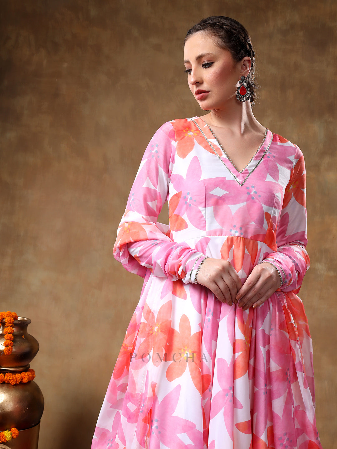 MERAKI PINK FLORAL MUSLIN ANARKALI SET  WITH ORGANZA DUPATTA