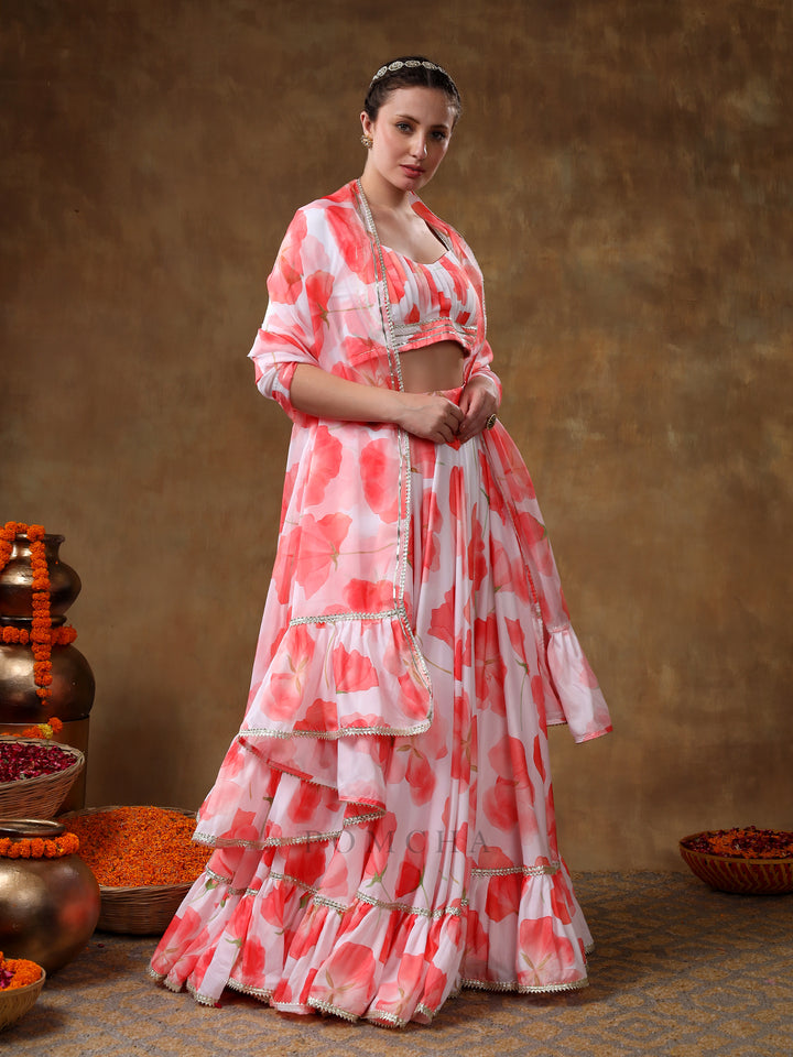 MERAKI ORANGE FLOWER PRINTED MUSLIN GOTTA LACE WORK LEHENGA WITH ORGANZA DUPATTA