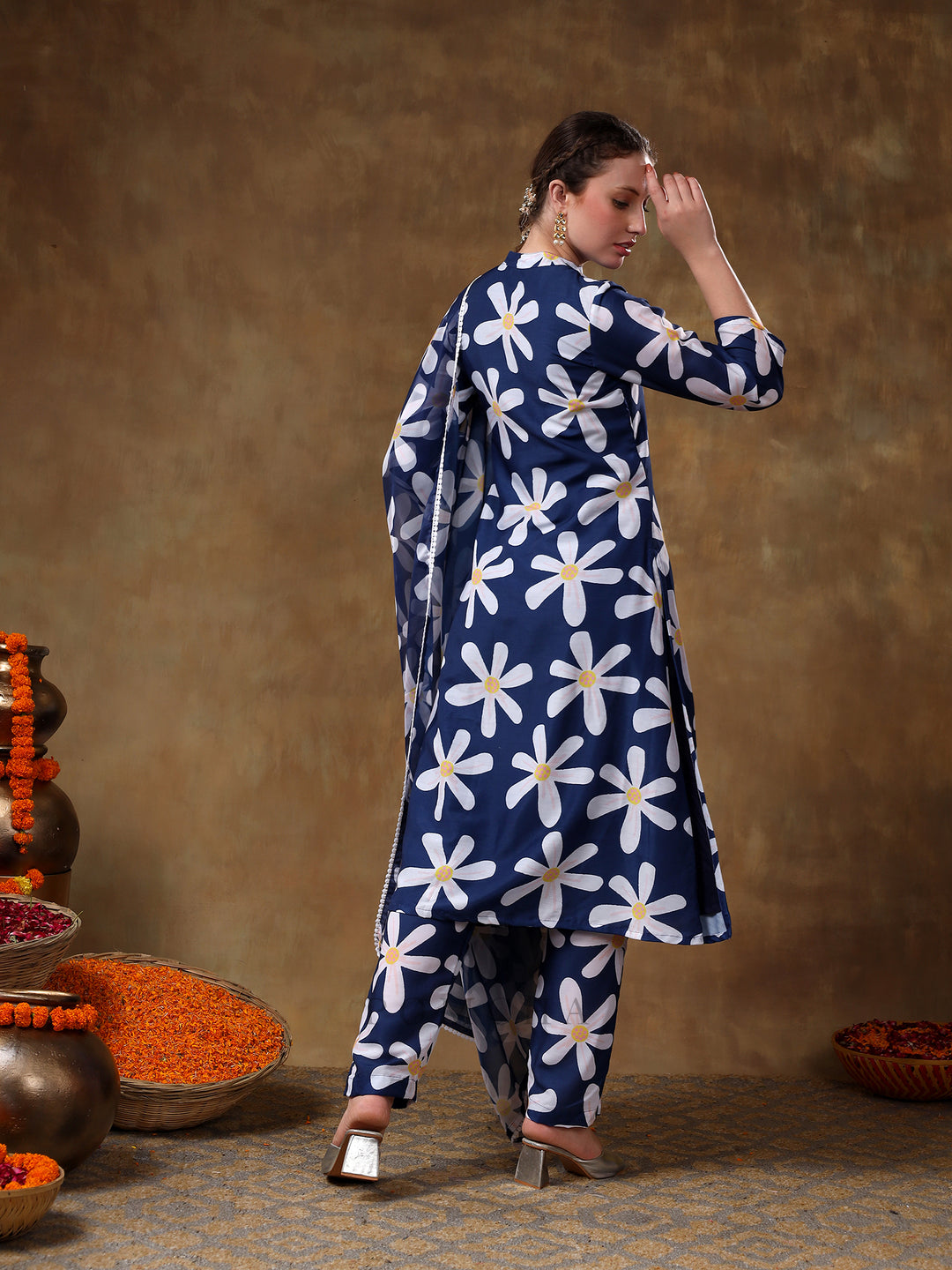 MERAKI  WHITE FLOWER BLUE MUSLIN KURTA SET WITH ORGANZA DUPATTA