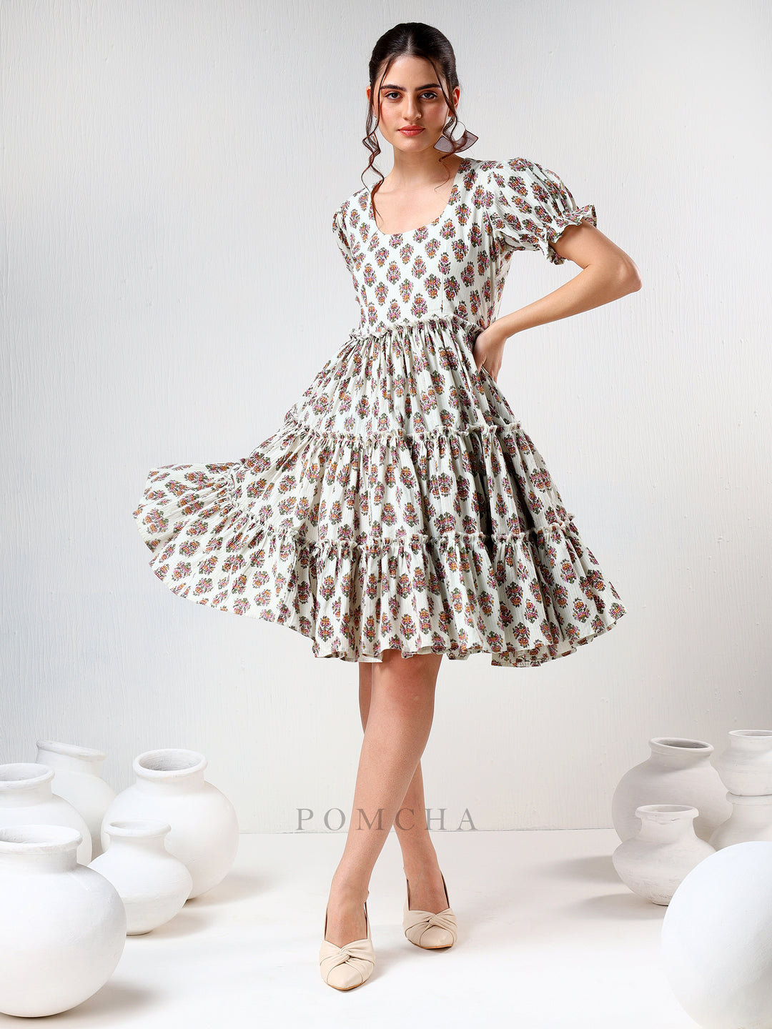 SADABHAR WHITE FLORAL PRINT COTTON TIERED DRESS