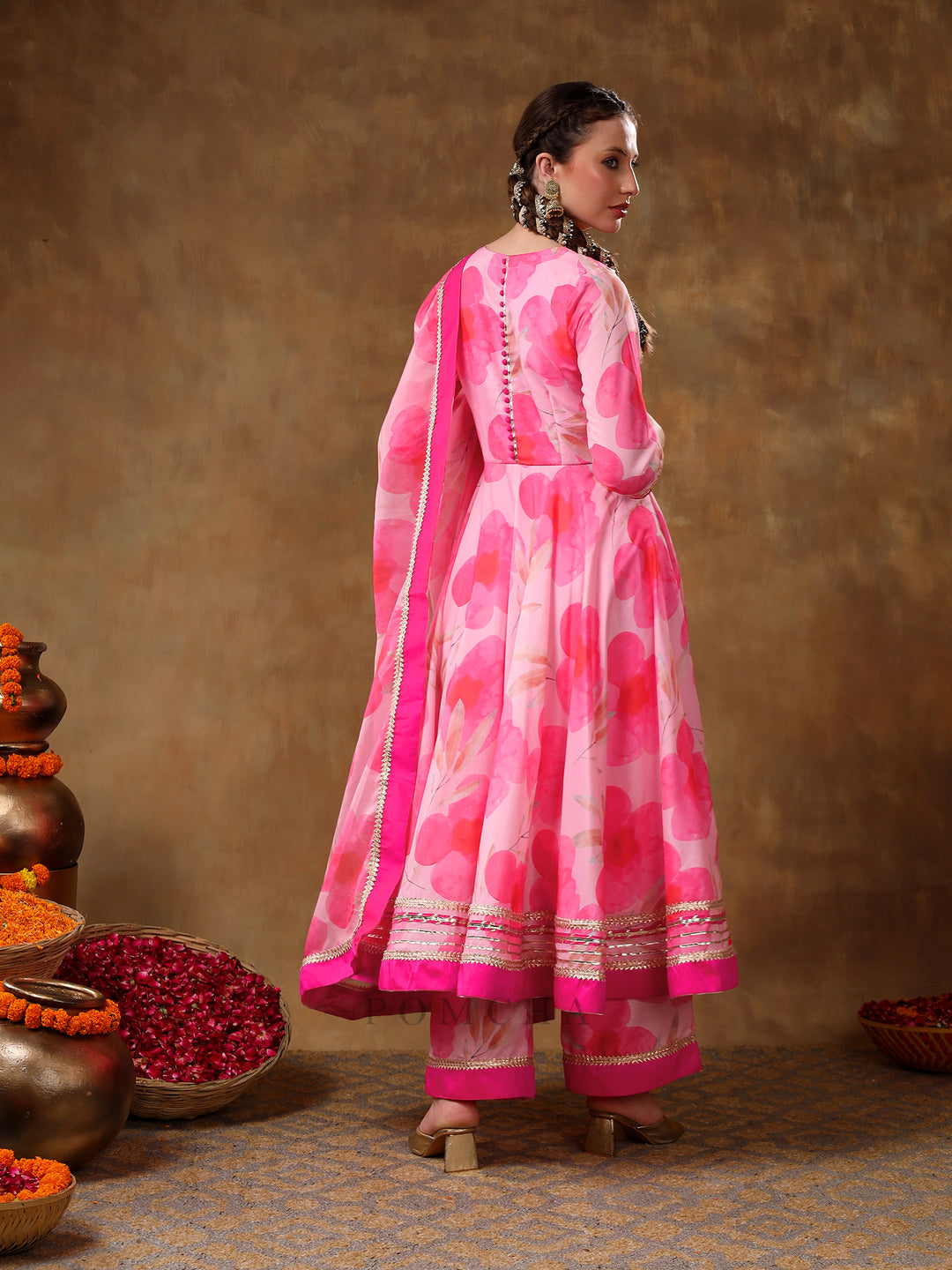 MERAKI FALAK PINK FLORAL GOTTA LACE WORK MUSLIN ANARKALI WITH ORGANZA DUPATTA