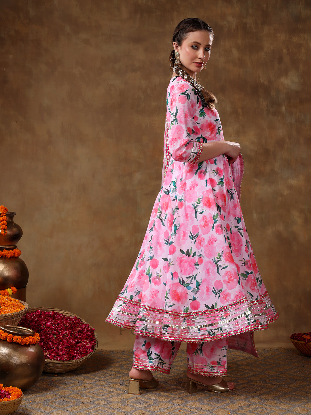 MERAKI NOOR PINK FLORAL MUSLIN GOTTA WORK ANARKALI SET WITH ORGANZA DUPATTA