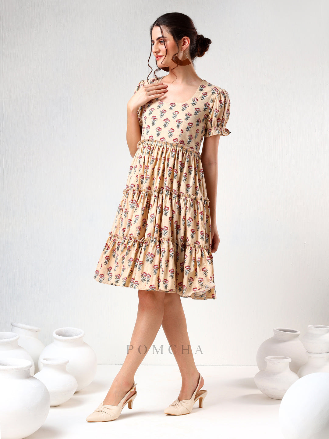 SADABHAR SAND FLORAL PRINT COTTON TIERED DRESS