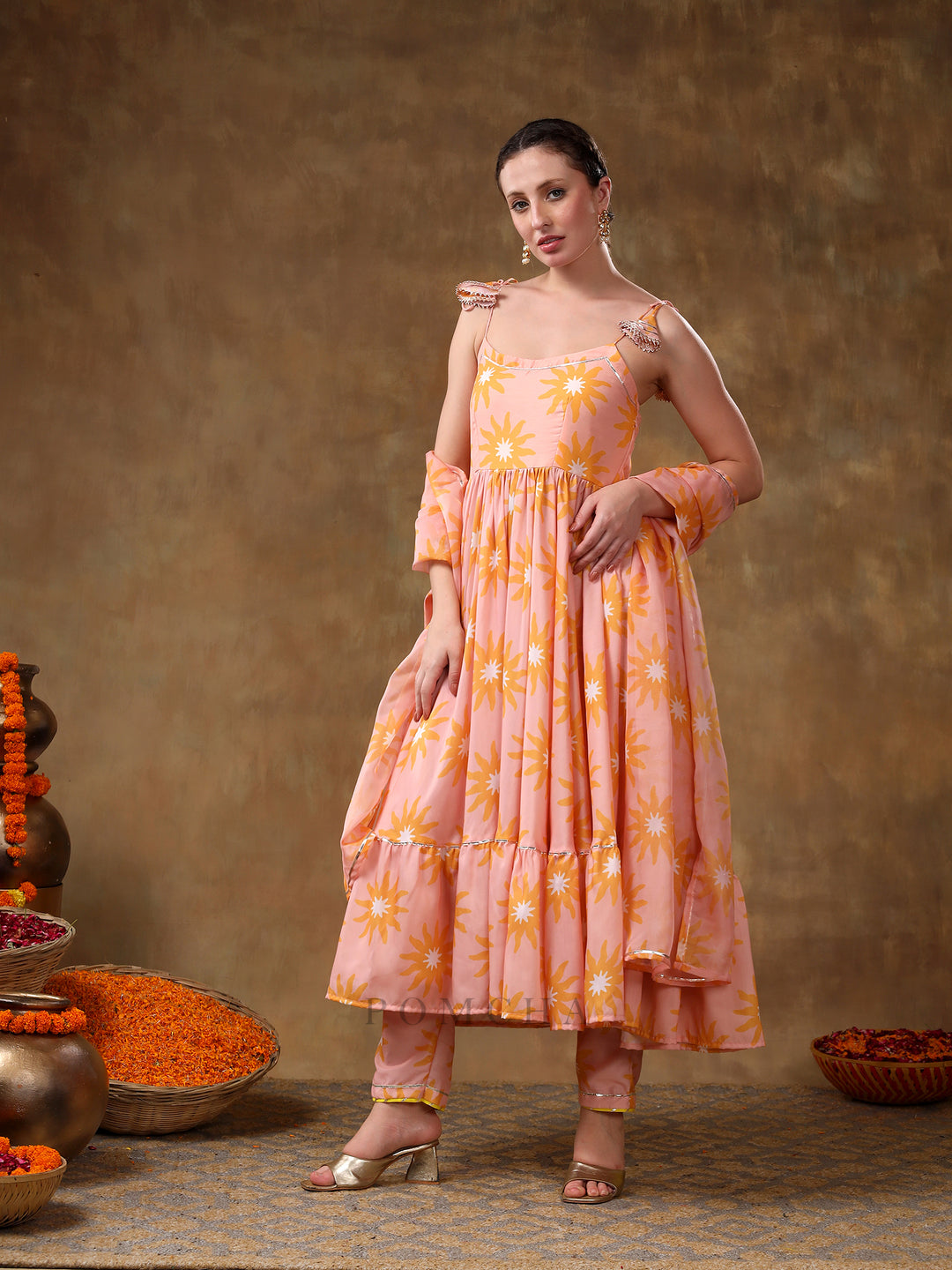 MERAKI JANNAT PEACH FRILL MUSLIN ANARKALI WITH ORGANZA DUPATTA