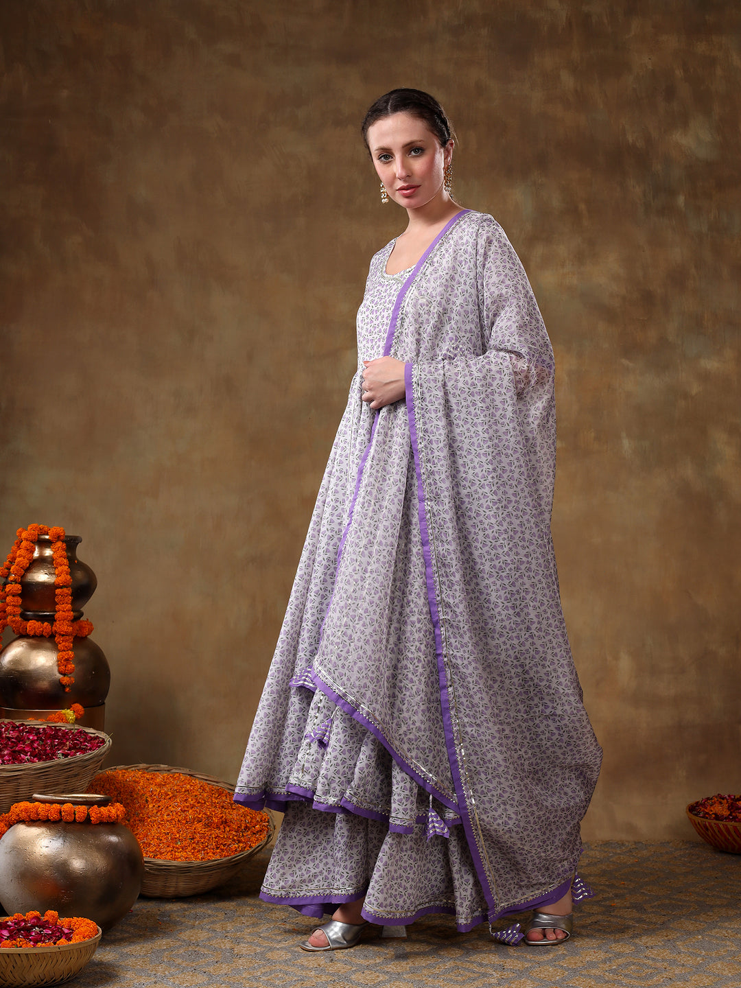 MERAKI ZEENAT LAVENDER FLORAL PRINT MUSLIN ANGRAKHA  AND PLAZO SET WITH ORGANZA DUPATTA