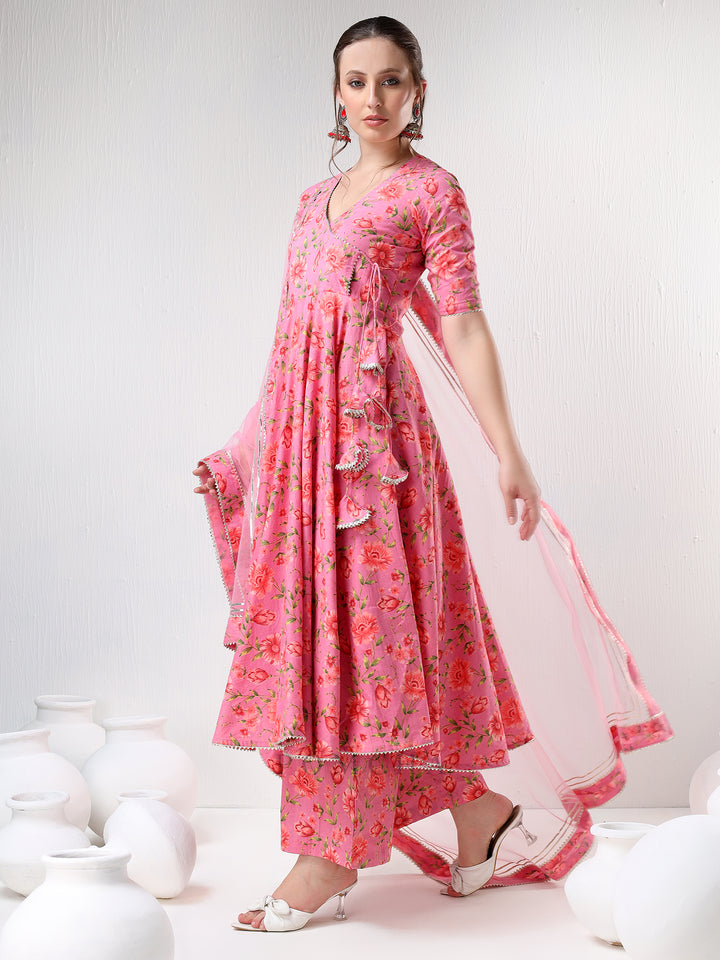 SADABHAR PINK FLORAL PRINT COTTON ANGRAKHA SET