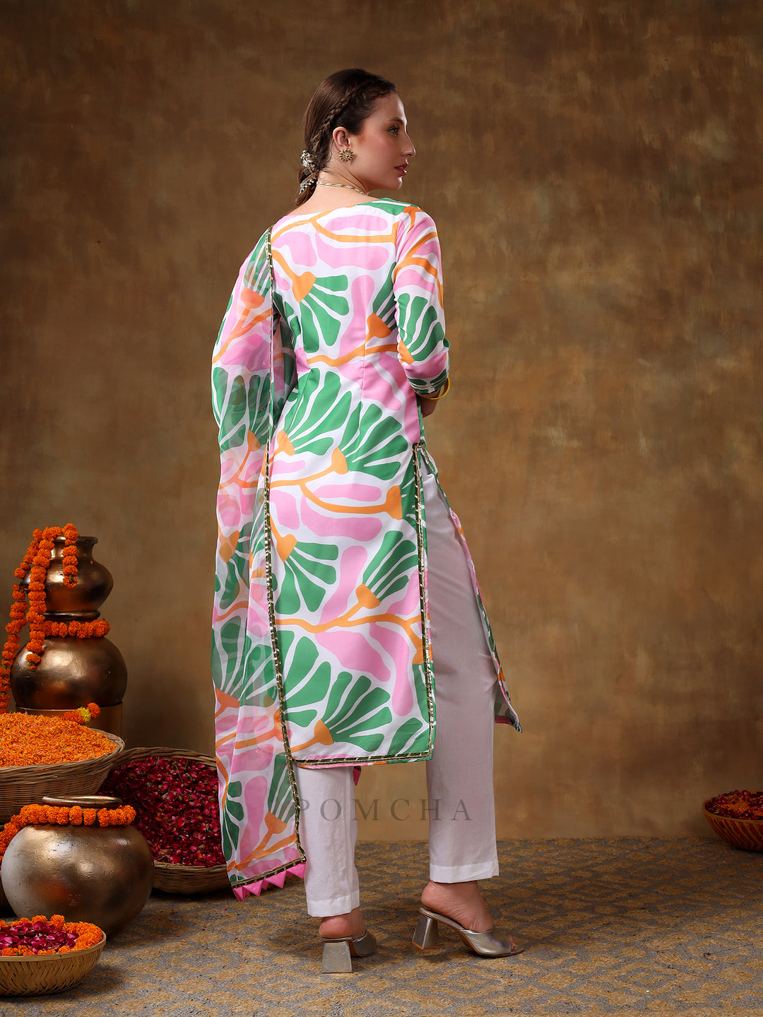 MERAKI OMERA PINK FLORAL PRINT MUSLIN KURTA SET WITH ORGANZA DUPATTA