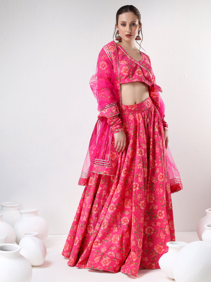 SADABHAR DARK PINK FLORAL PRINT COTTON LEHENGA SET