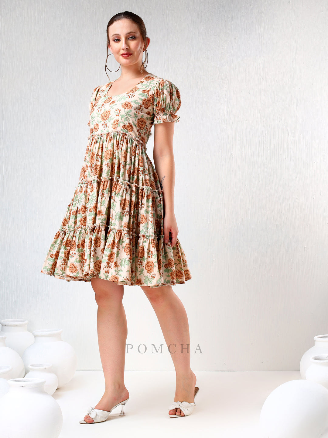 SADABHAR LIGHT BROWN FLORAL PRINT COTTON TIERED DRESS