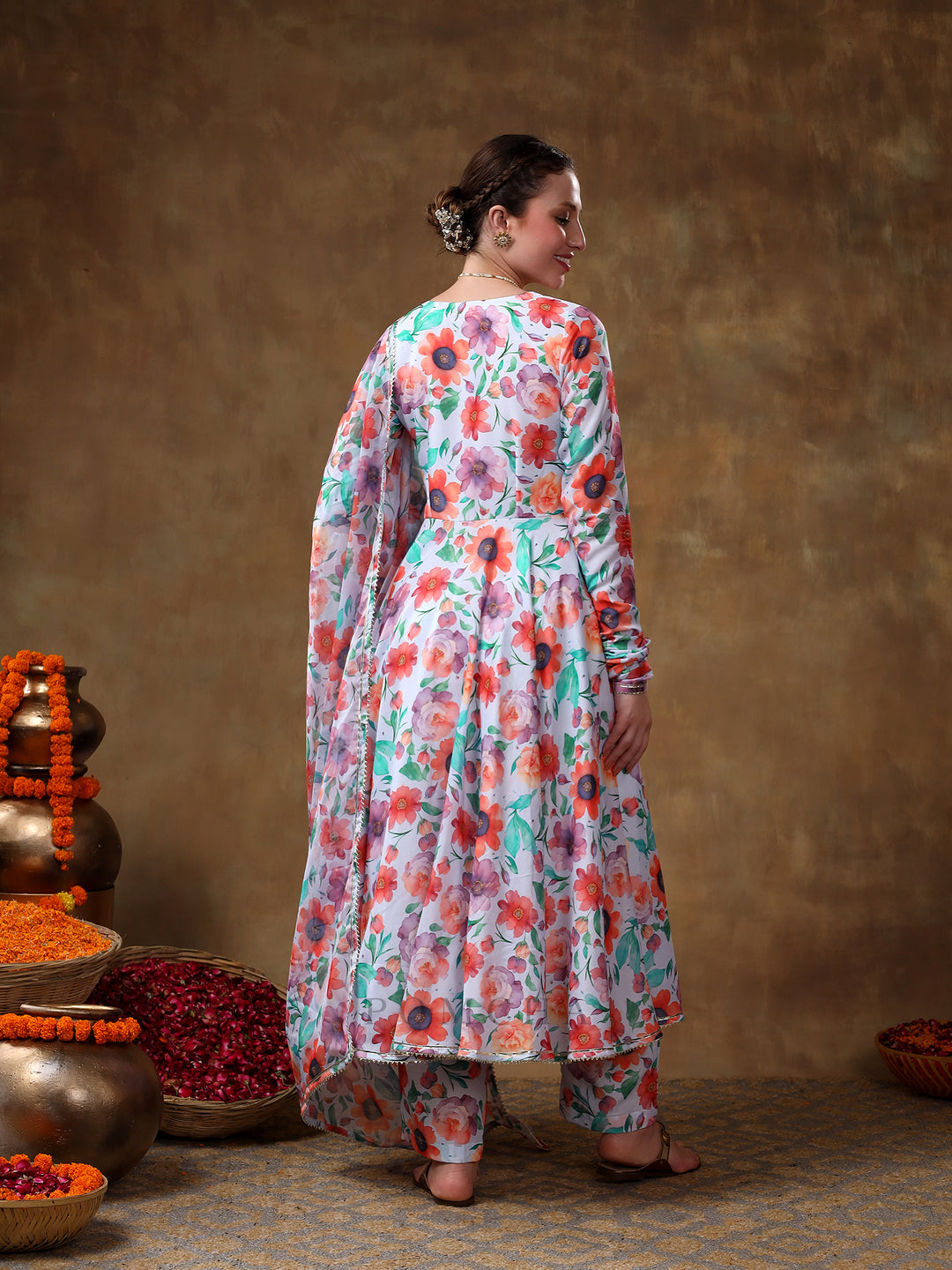 MERAKI ANAM FLORAL PRINT MUSLIN ANARKALI WITH ORGANZA DUPATTA