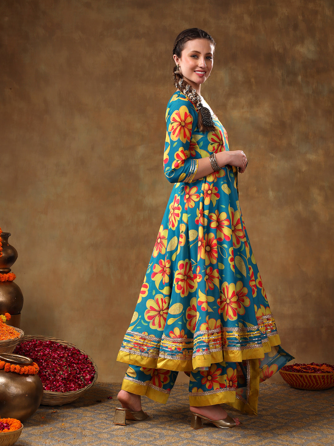 MERAKI YELLOW FLOWER BLUE MUSLIN ANARKALI SET WITH ORGANZA DUPATTA