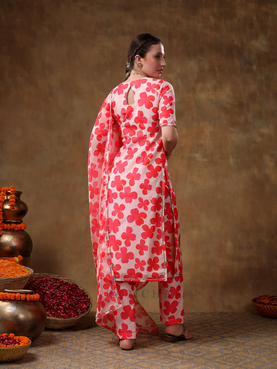 MERAKI ORANGE FLORAL PRINT MUSLIN KURTA SET WITH ORGANZA DUPATTA