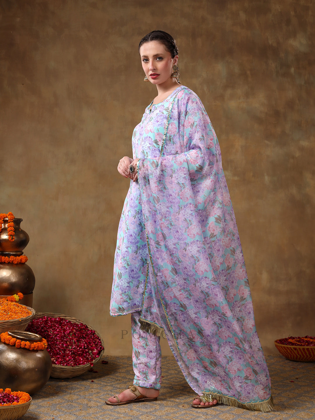 MERAKI JIYA LAVENDER FLORAL KURTA SET WITH ORGANZA DUPATTA